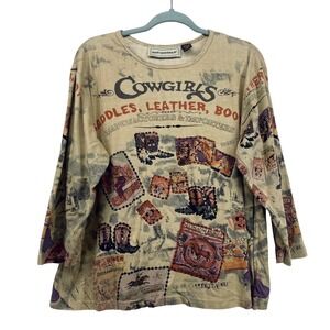 Bit & Bridle Size 1X Top Tan Western Cowgirls Graphic Sequin 3/4 Sleeve Cotton